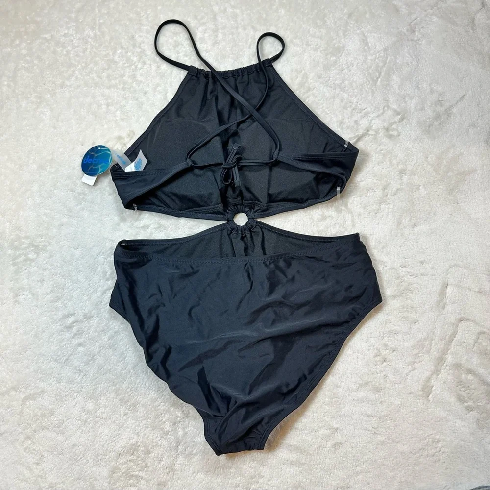 Decree Black Cutout Textured Ribbed One Piece Swimsuit Halter Neck Tie Open Back